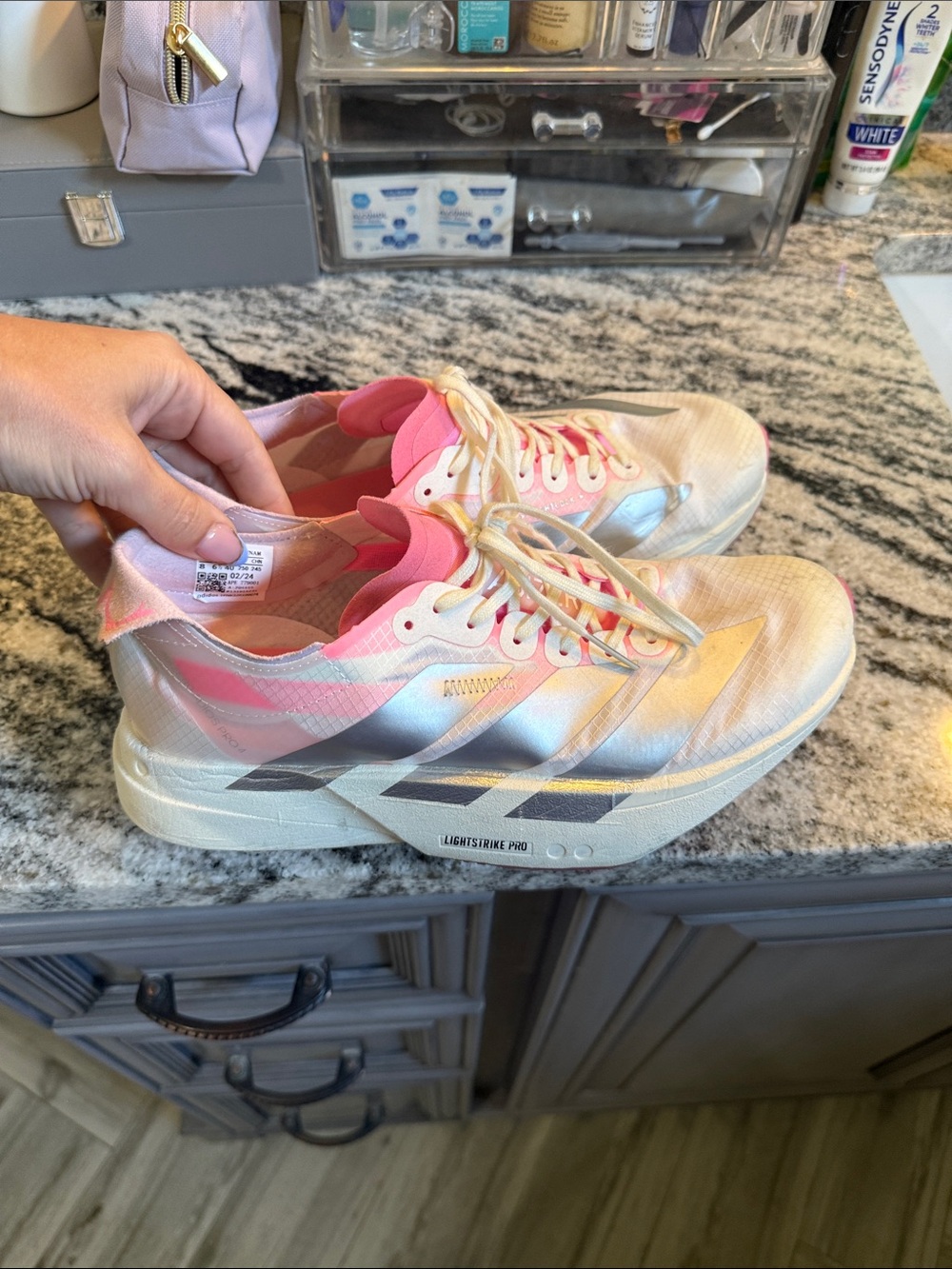 adidas Women’s Lightstrike Pro Running Sneakers — Pink, White, Silver